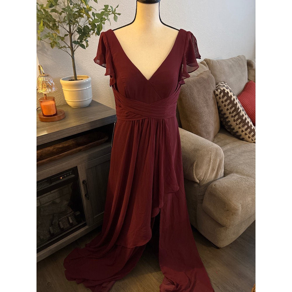 Azazie Omari Cabernet Burgundy Chiffon Flutter Sleeve Maxi Dress A10 NWT